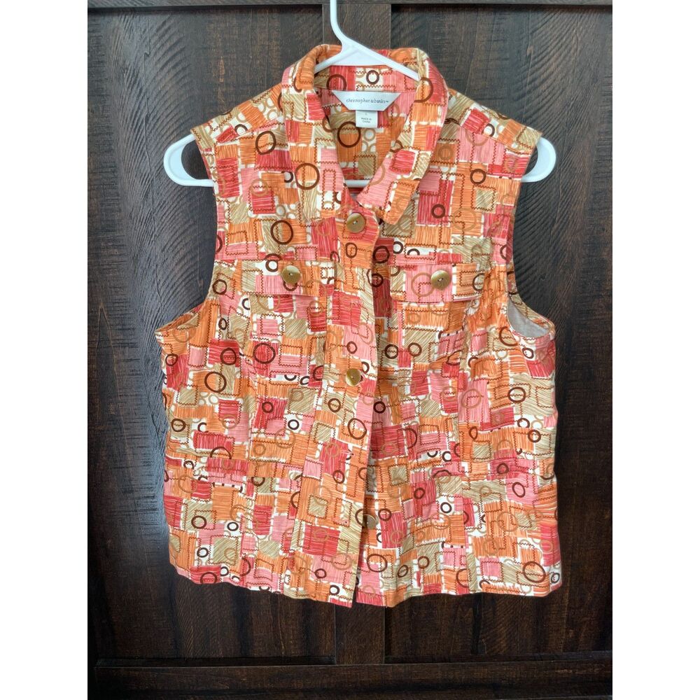 Patchwork Vest Orange Pink Y2K Size L Christopher & Banks Retro Geometric